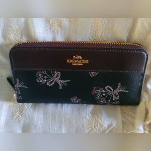 Coach wallet black floral print with brown leather trim